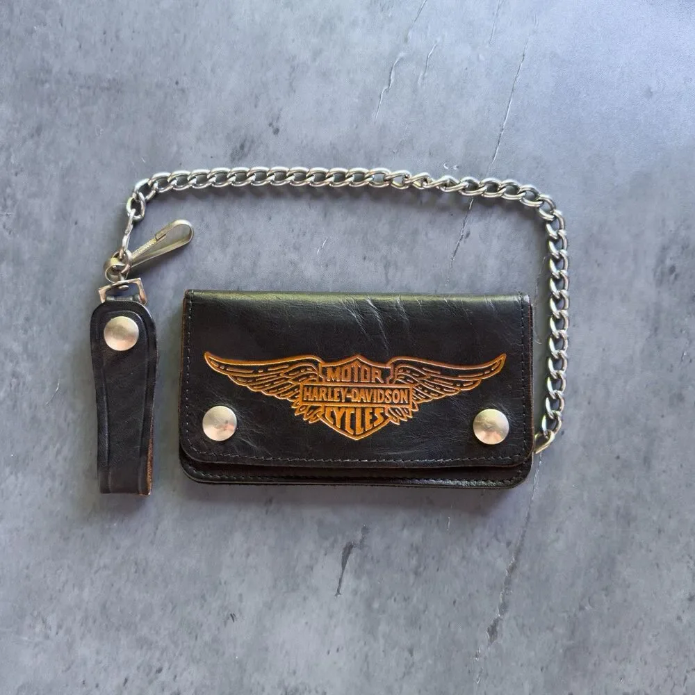 Vintage Harley-Davidson Genuine Leather Biker Chain Wallet Black Bar Shield Logo
